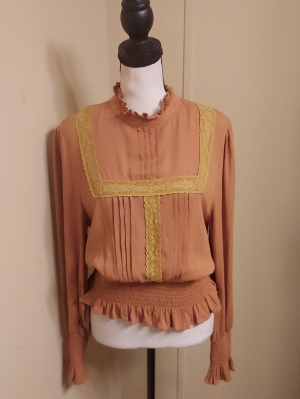In Bloom Terracotta Long-Sleeve Blouse with Yellow Lace Trim